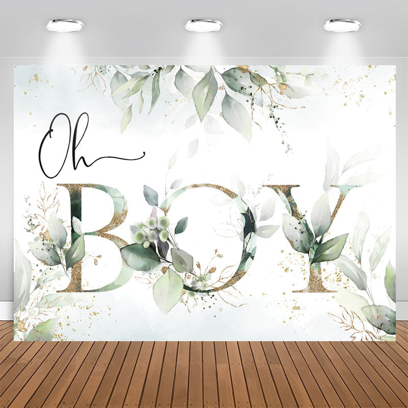 Aperturee - Oh Boy Green Leaves Gold Boho Baby Shower Backdrop