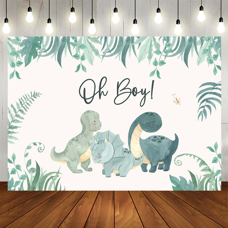 Aperturee - Oh Boy Greenery Dinosaurs White Baby Shower Backdrop