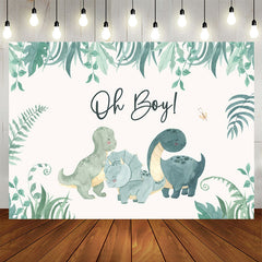 Aperturee - Oh Boy Greenery Dinosaurs White Baby Shower Backdrop