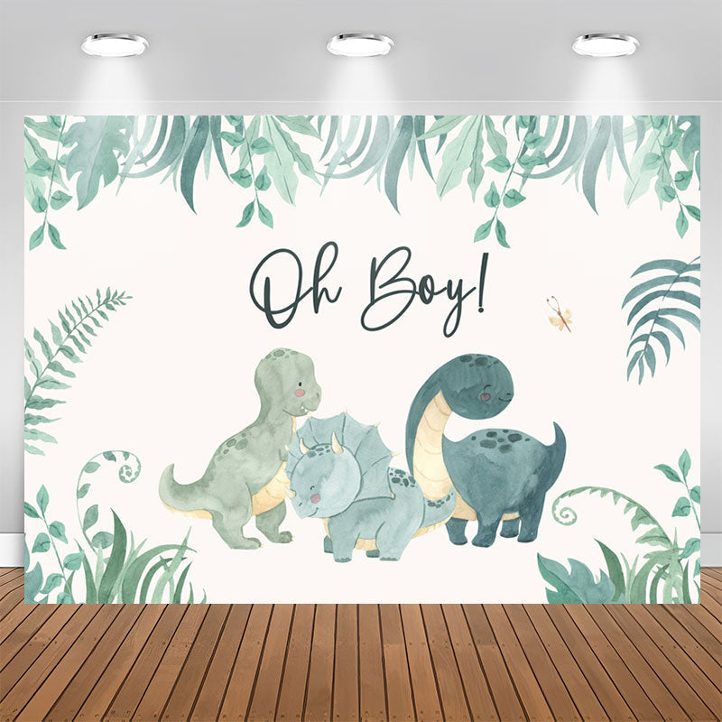 Aperturee - Oh Boy Greenery Dinosaurs White Baby Shower Backdrop