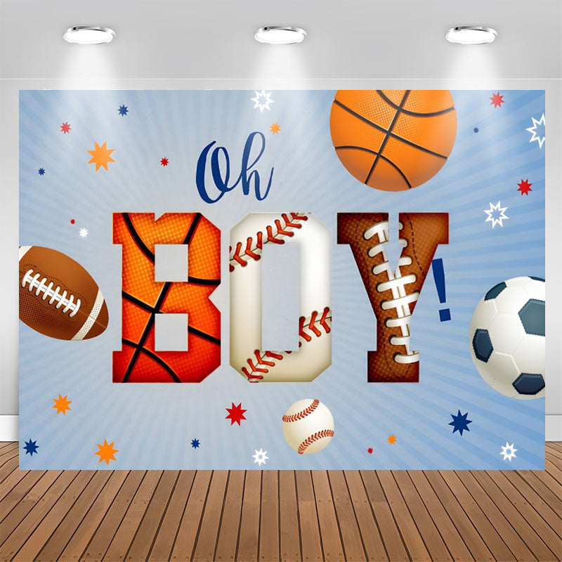 Aperturee - Oh Boy Sports Balls Blue Stripe Baby Shower Backdrop