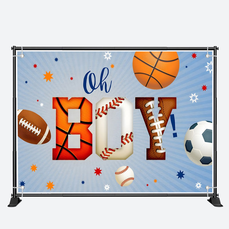 Aperturee - Oh Boy Sports Balls Blue Stripe Baby Shower Backdrop