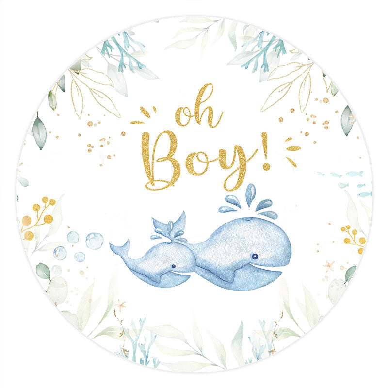 Aperturee Oh Boy Whale Green Leaves Round Backdrop For Baby Shower