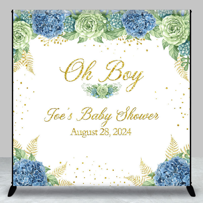 Aperturee - Oh Boy White Blue Floral Custom Baby Shower Backdrop