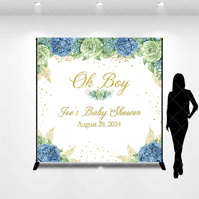 Aperturee - Oh Boy White Blue Floral Custom Baby Shower Backdrop