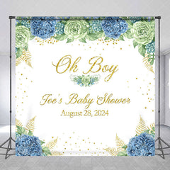 Aperturee - Oh Boy White Blue Floral Custom Baby Shower Backdrop