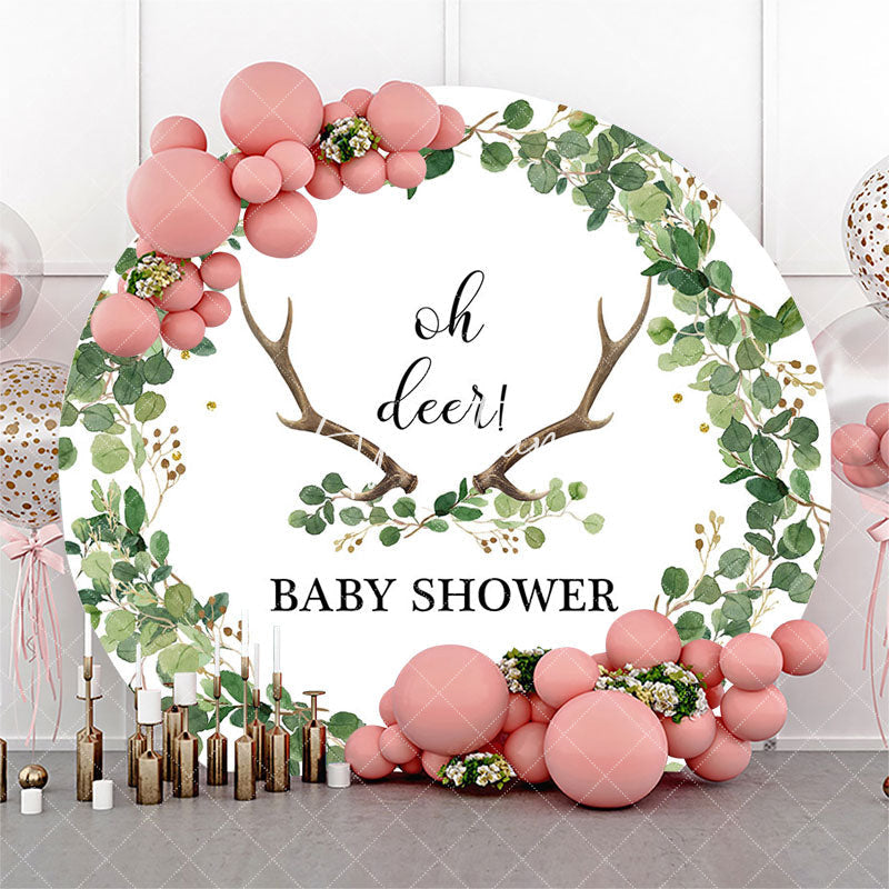 Aperturee Oh Deer Antlers Leaves Round Baby Shower Backdrop