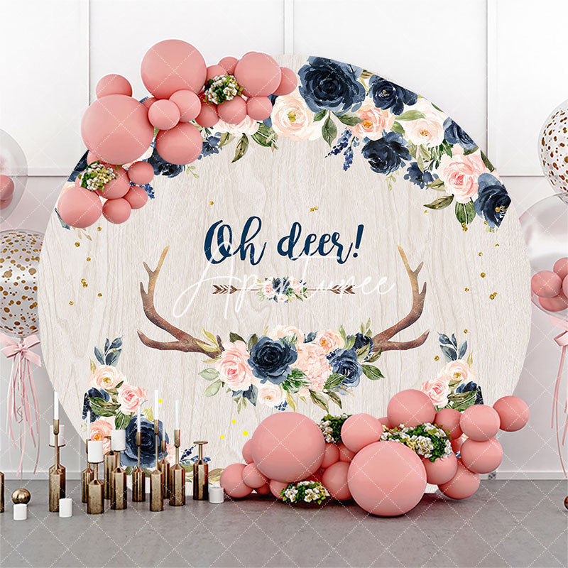 Aperturee Oh Deer Flowers Antler Round Baby Shower Backdrop