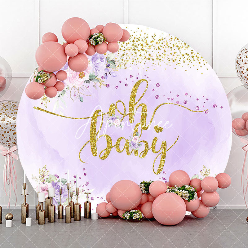 Aperturee Oh Purple Floral Glitter Baby Shower Round Backdrop