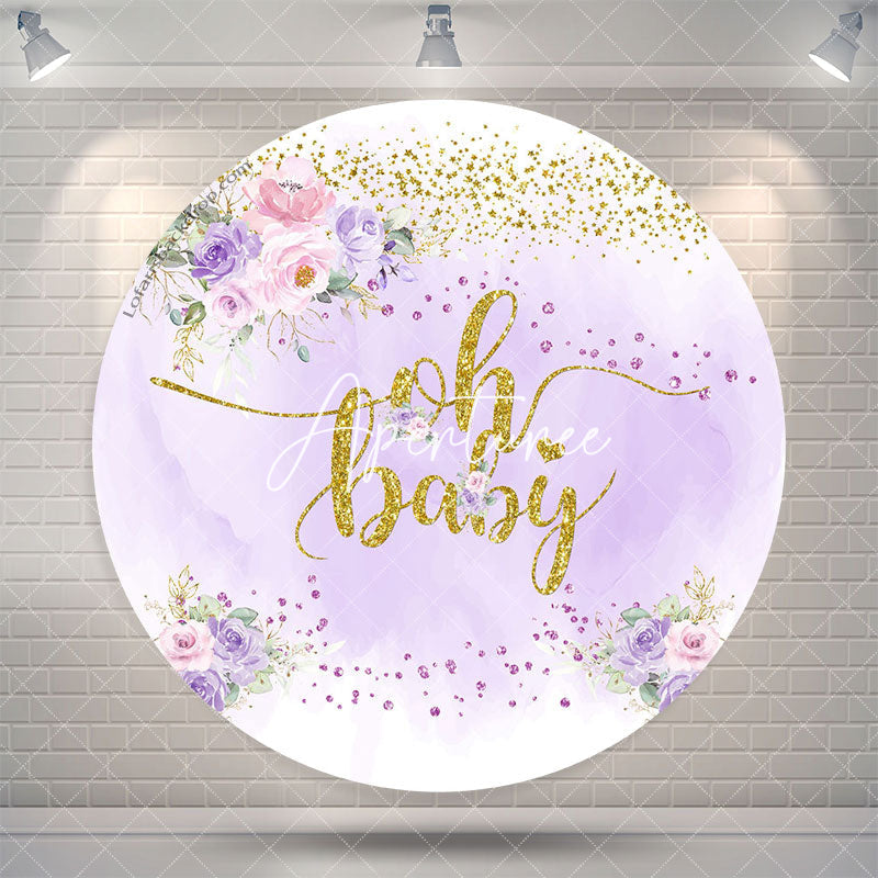 Aperturee Oh Purple Floral Glitter Baby Shower Round Backdrop