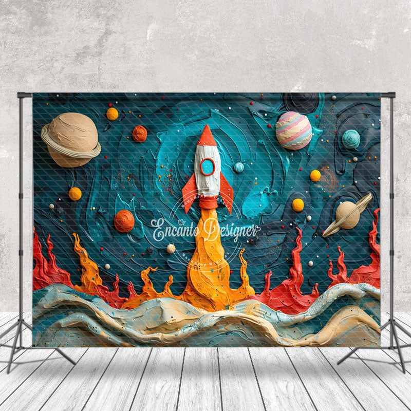 Aperturee - Oil Paint Planet Rocket Birthday Cake Smash Backdrop