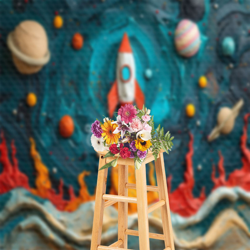 Aperturee - Oil Paint Planet Rocket Birthday Cake Smash Backdrop