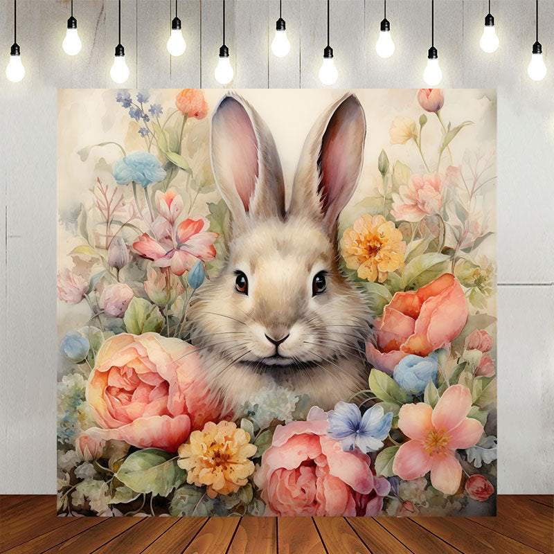 Aperturee - Oil Painting Style Bunny Floral Birthday Backdrop