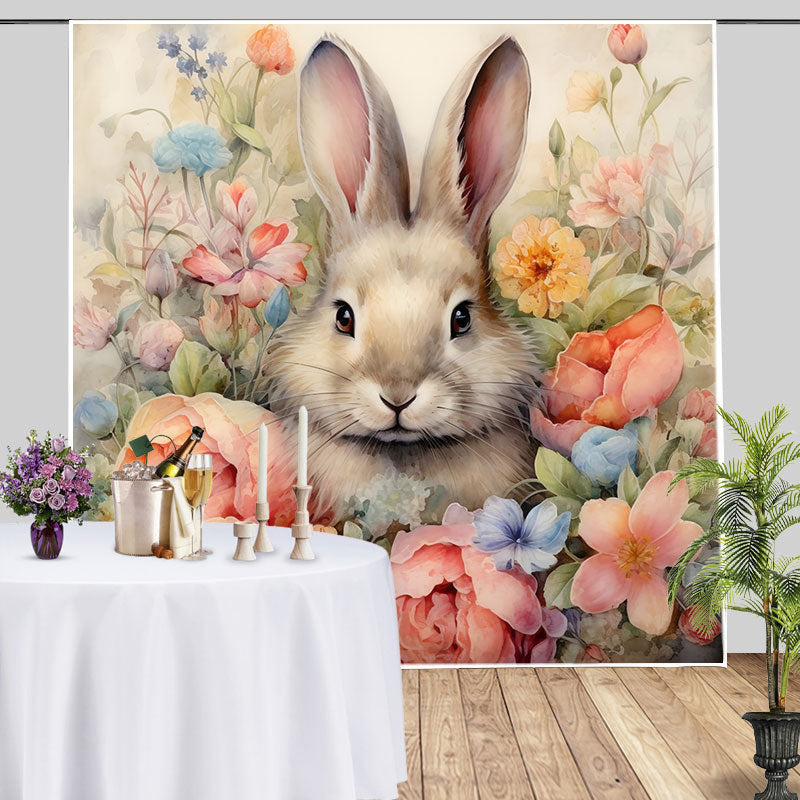 Aperturee - Oil Painting Style Bunny Floral Birthday Backdrop