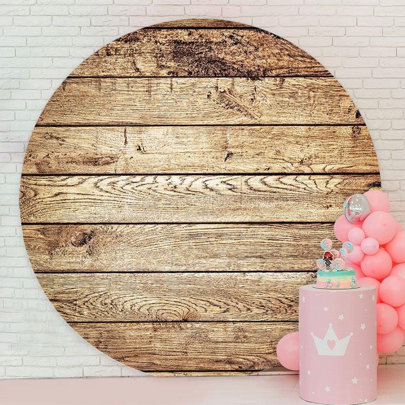 Aperturee - Old Brown Round Wood Birthday Decoration Backdrop