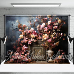 Aperturee - Old Masters Blue Wall Pink Flowers Fine Art Backdrop