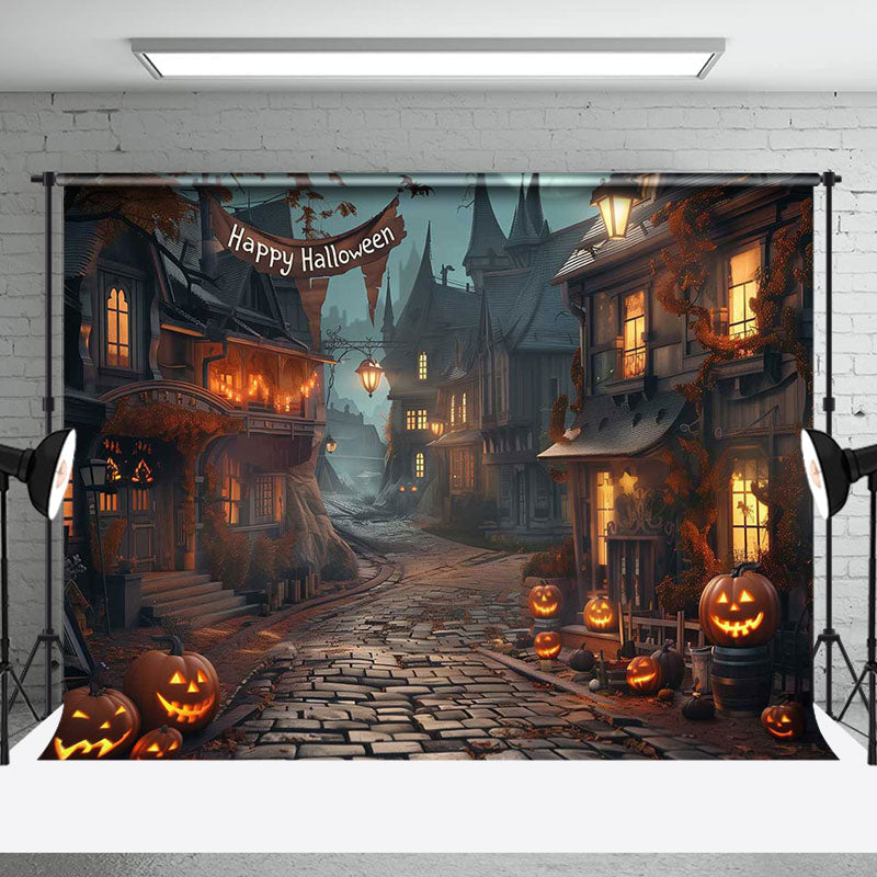 Aperturee - Old Scary Street Pumpkins Happy Halloween Backdrop