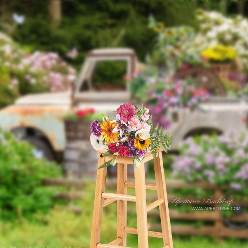 Aperturee - Old Truck Floral Garden Spring Photography Backdrop