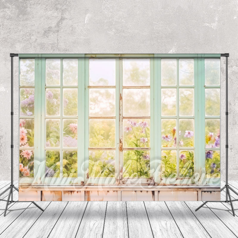 Aperturee - Old Wood Window Spring Floral Scene Photo Backdrop