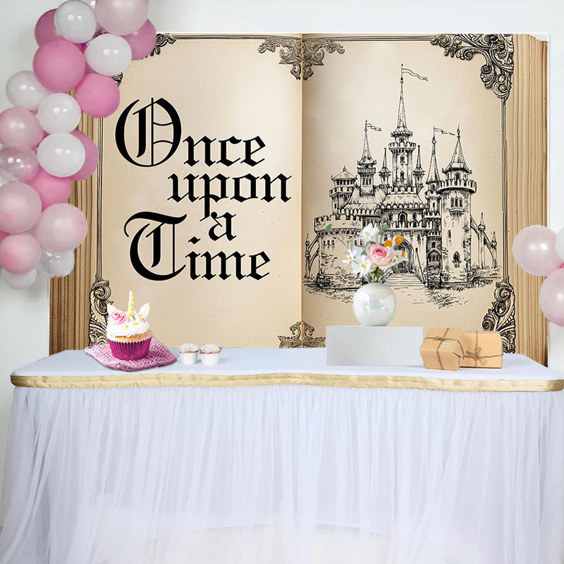 Aperturee - Once Upon Retro Fairy Book Castle Birthday Backdrop