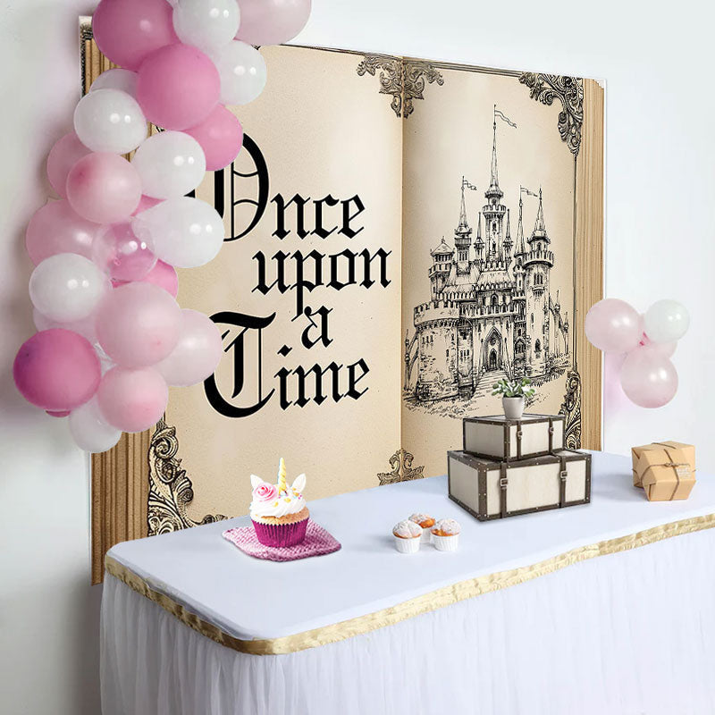 Aperturee - Once Upon Retro Fairy Book Castle Birthday Backdrop