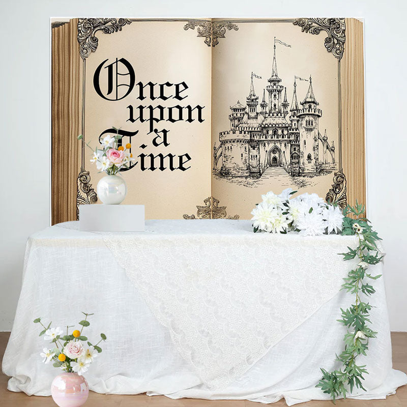 Aperturee - Once Upon Retro Fairy Book Castle Birthday Backdrop