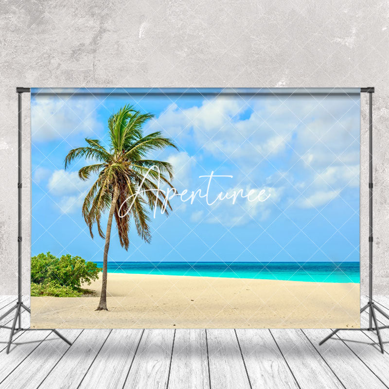 Aperturee - One Coconut Tree Blue Beach Sea Sky Photo Backdrop