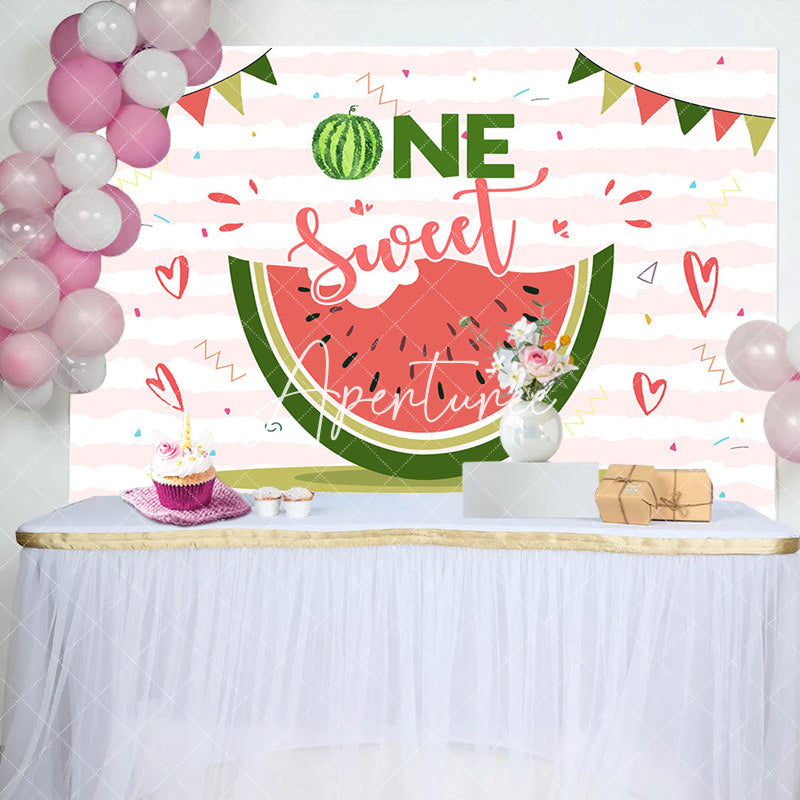 Aperturee - One Sweet Melon White Pink Stripe Birthday Backdrop