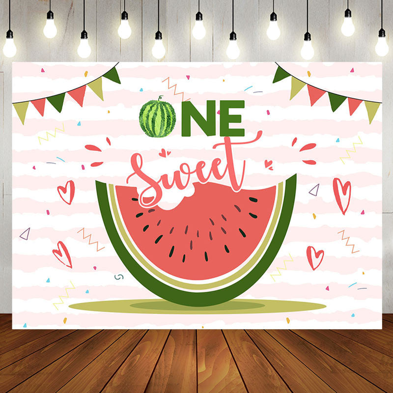 Aperturee - One Sweet Melon White Pink Stripe Birthday Backdrop