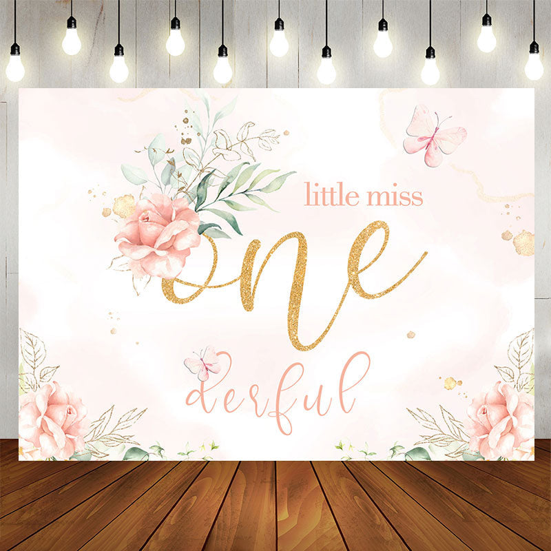 Aperturee - Onederful Pink Floral Butterfly 1St Birthday Backdrop