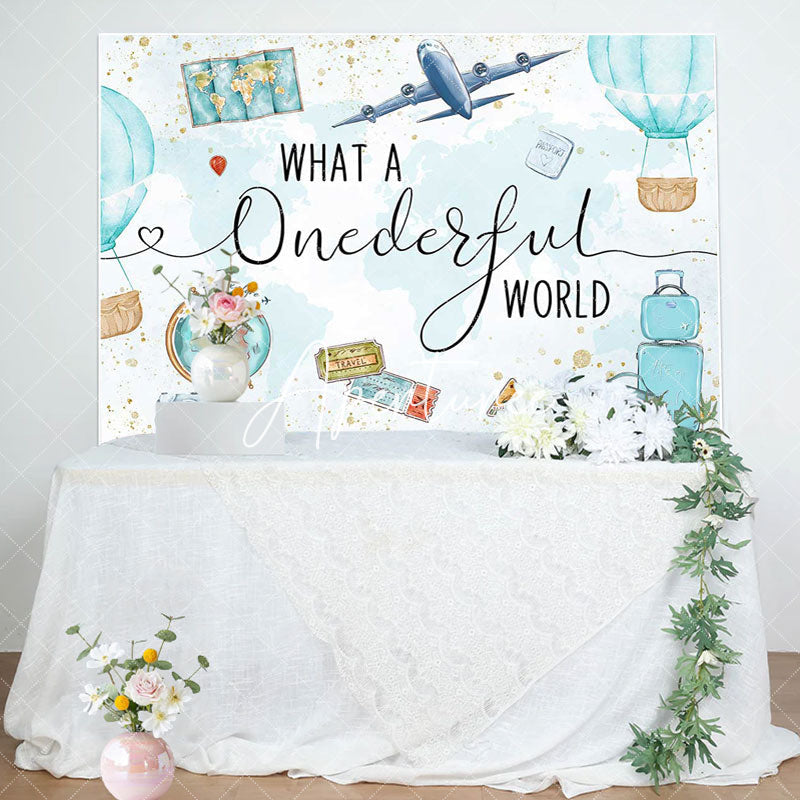 Aperturee - Onederful World Map Globe Airplane Birthday Backdrop