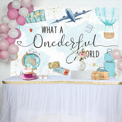 Aperturee - Onederful World Map Globe Airplane Birthday Backdrop