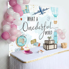 Aperturee - Onederful World Map Globe Airplane Birthday Backdrop