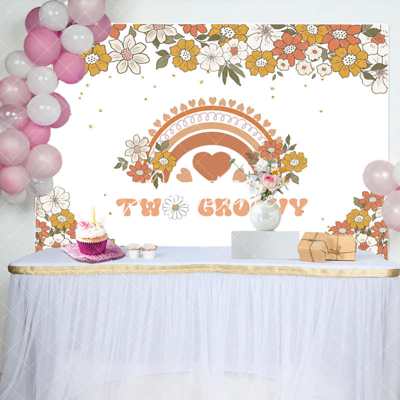 Aperturee - Orange Beige Floral Boho Rainbow 2nd Birthday Backdrop