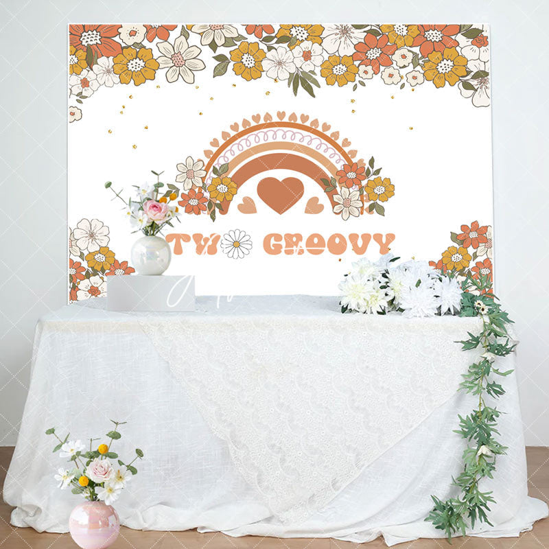 Aperturee - Orange Beige Floral Boho Rainbow 2nd Birthday Backdrop