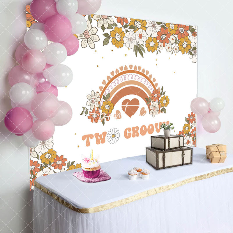 Aperturee - Orange Beige Floral Boho Rainbow 2nd Birthday Backdrop