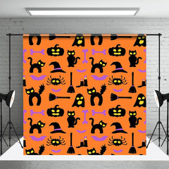 Aperturee - Orange Black Pumpkins Cats Happy Halloween Backdrop