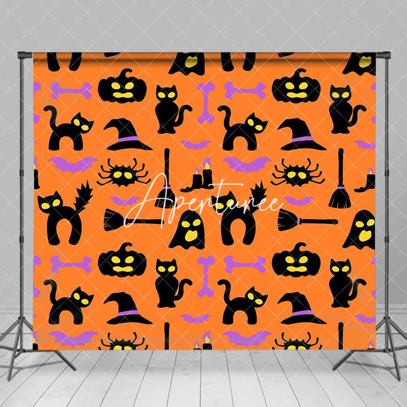 Aperturee - Orange Black Pumpkins Cats Happy Halloween Backdrop