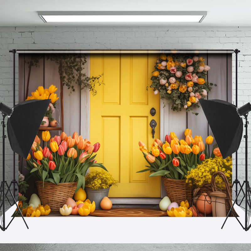 Aperturee - Orange Color Floral Wood Door Eggs Easter Backdrop