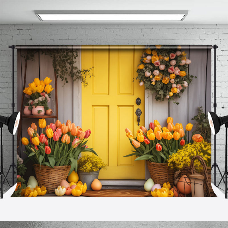 Aperturee - Orange Color Floral Wood Door Eggs Easter Backdrop