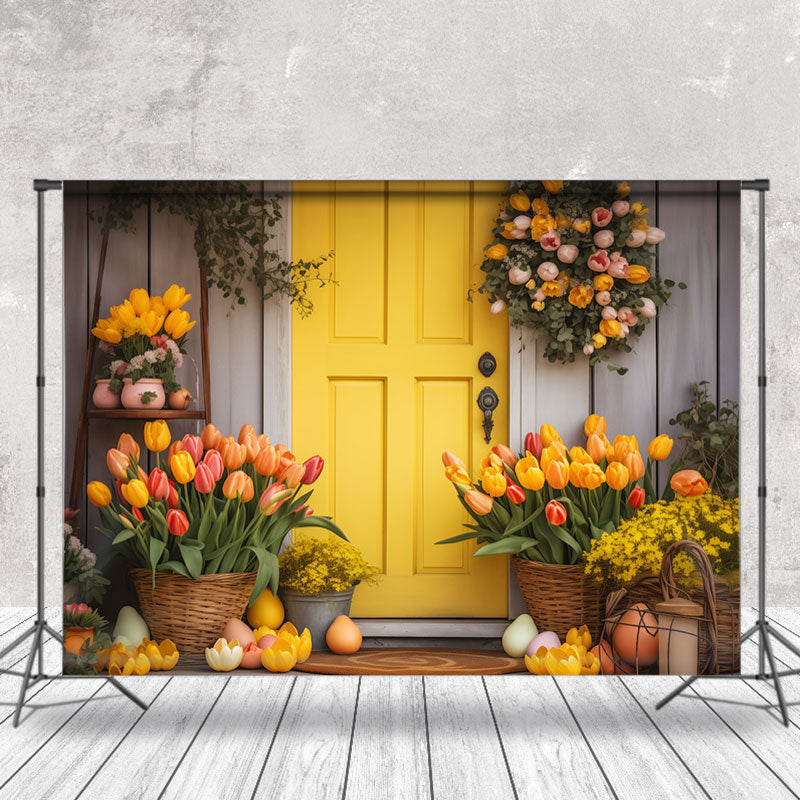 Aperturee - Orange Color Floral Wood Door Eggs Easter Backdrop