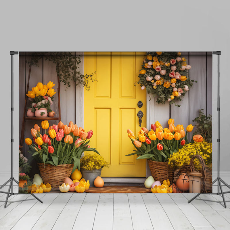 Aperturee - Orange Color Floral Wood Door Eggs Easter Backdrop