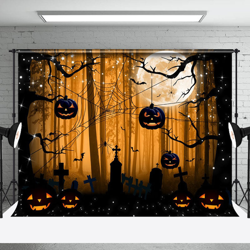 Aperturee - Orange Dark Night Forest Grave Spider Halloween Backdrop