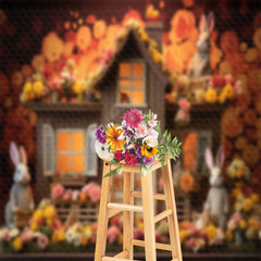 Aperturee - Orange Floral Rabbits Wood House Easter Backdrop