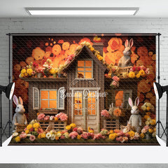 Aperturee - Orange Floral Rabbits Wood House Easter Backdrop