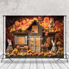 Aperturee - Orange Floral Rabbits Wood House Easter Backdrop