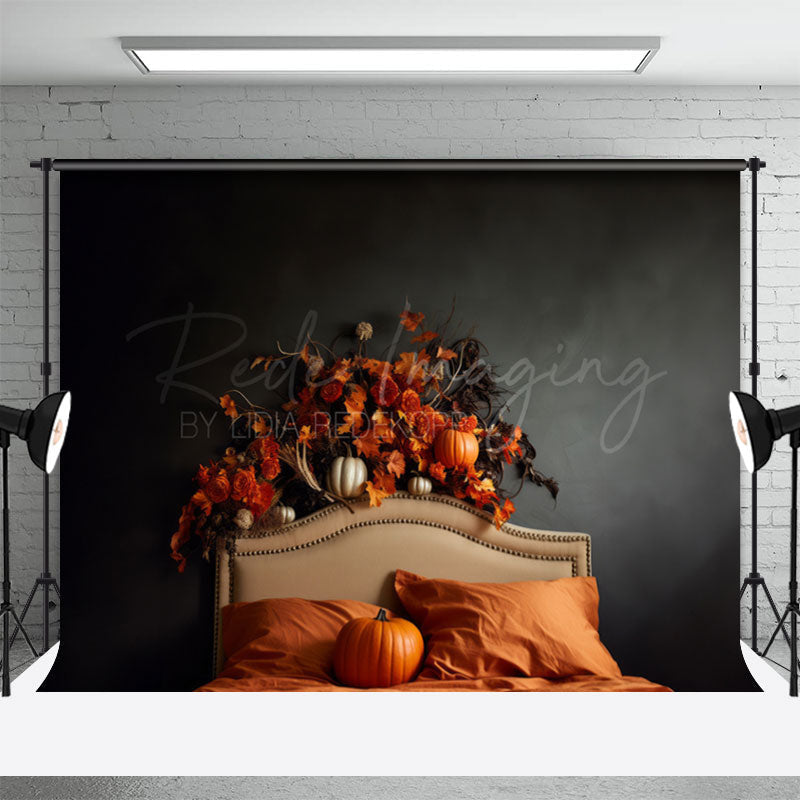 Aperturee - Orange Pumpkin Floral Headboard Halloween Backdrop