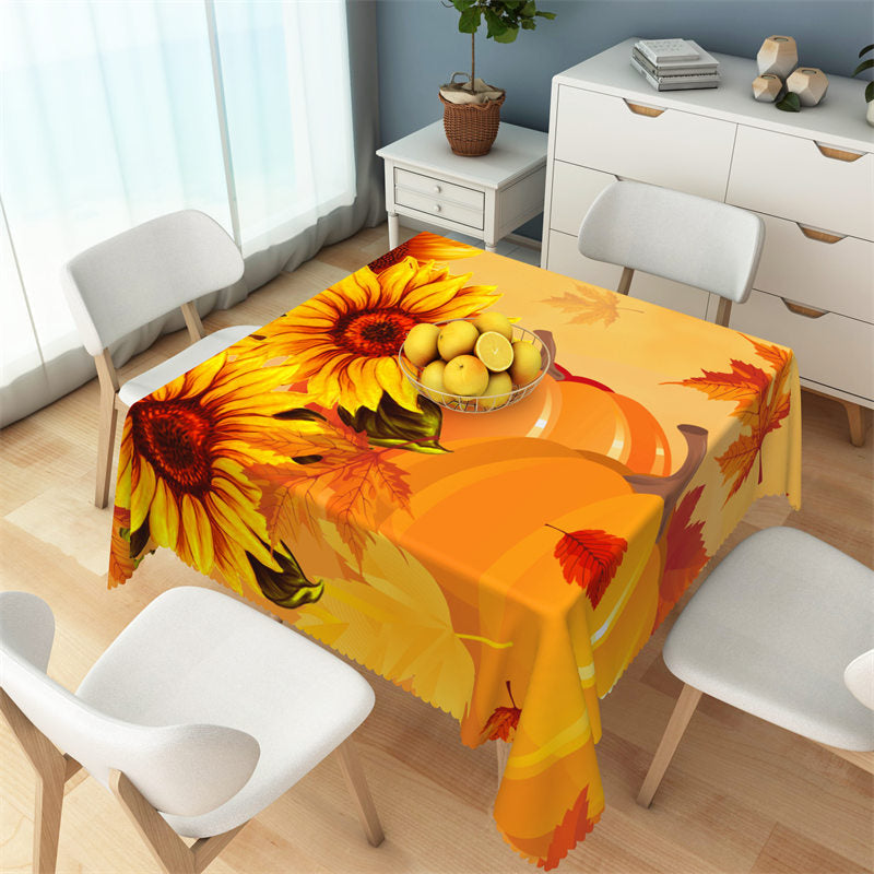 Aperturee - Orange Pumpkin Sunflowers Leaves Square Tablecloth