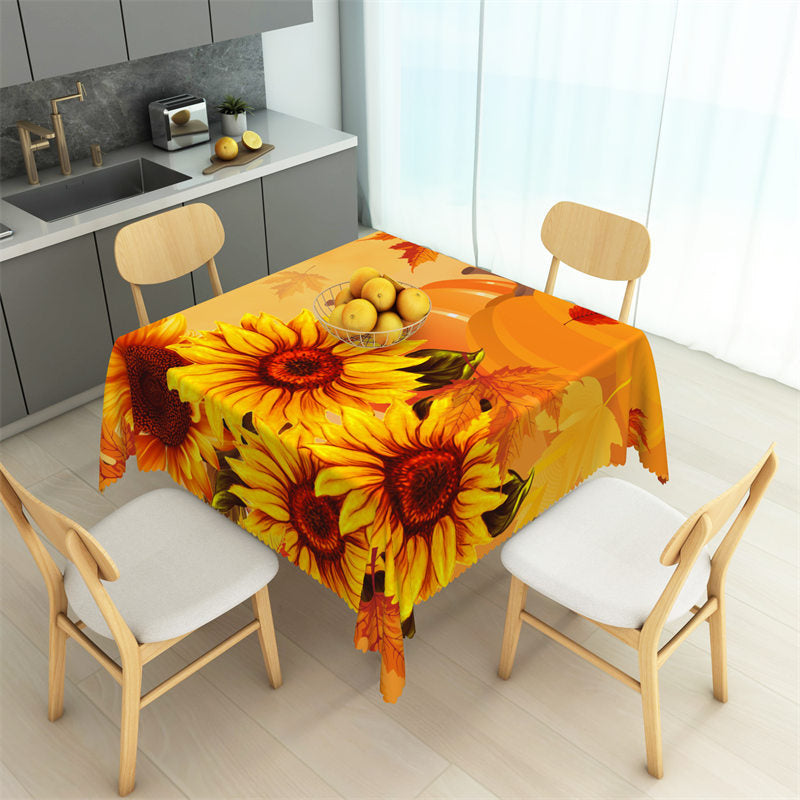 Aperturee - Orange Pumpkin Sunflowers Leaves Square Tablecloth