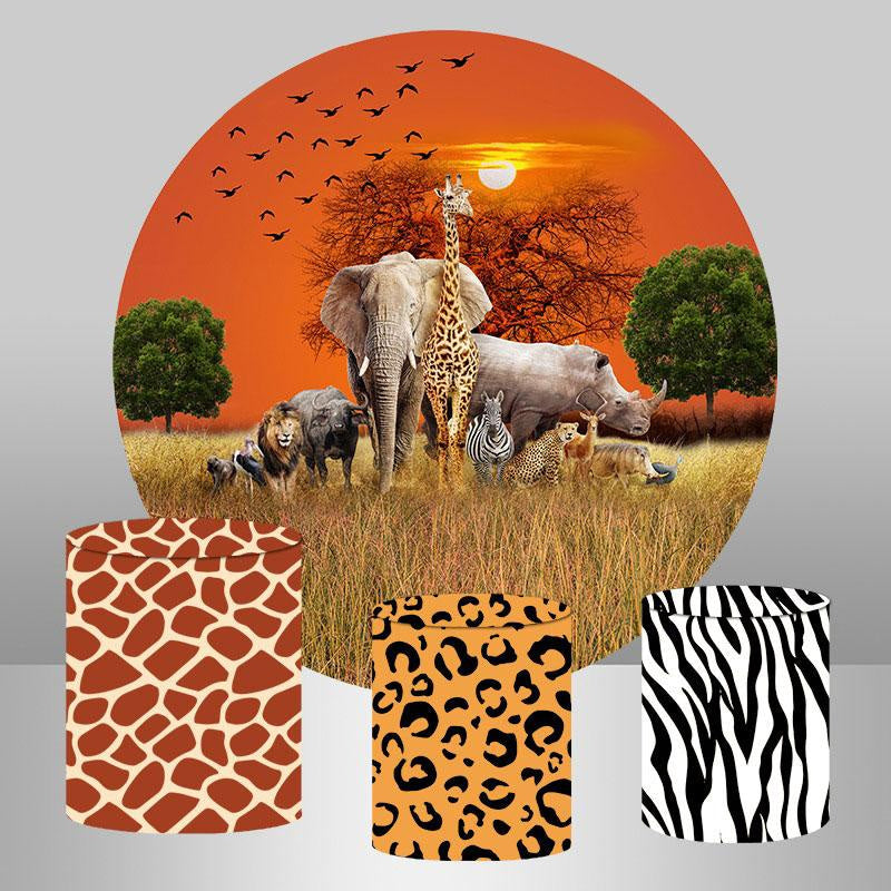 Aperturee Orange Sky With Animal Wordland Roung Birthday Backdrop